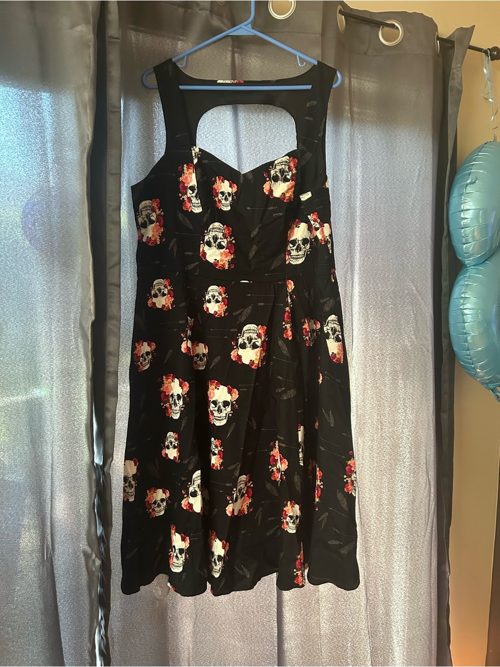 Black Floral Skull Fit-and-Flare Dress